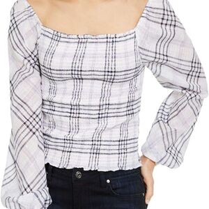 White and Black Smocked Crop Blouse with Puff Sleeves